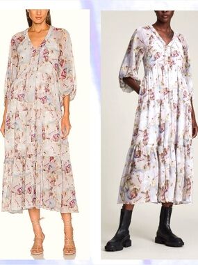 ALLSAINTS Trude Vimur Tiered Maxi Dress Metallic Floral Ethereal Cottagecore 2